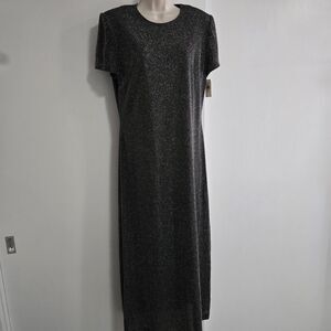 DW3 For David Warren Size 12 Black Metallic Short Sleeve Slinky Maxi Dress‎ NEW